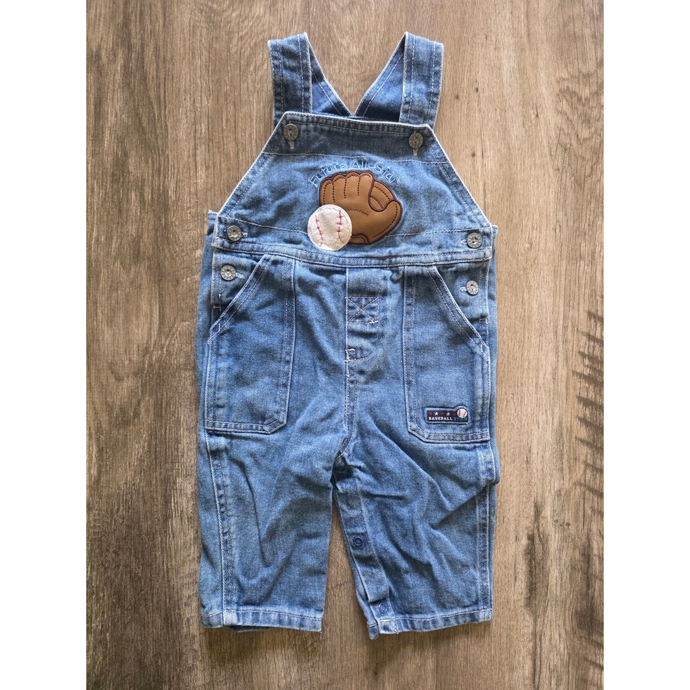 Vtg Kids Denim Baseball Overalls Future All Star Blue Light Wash 6-9M